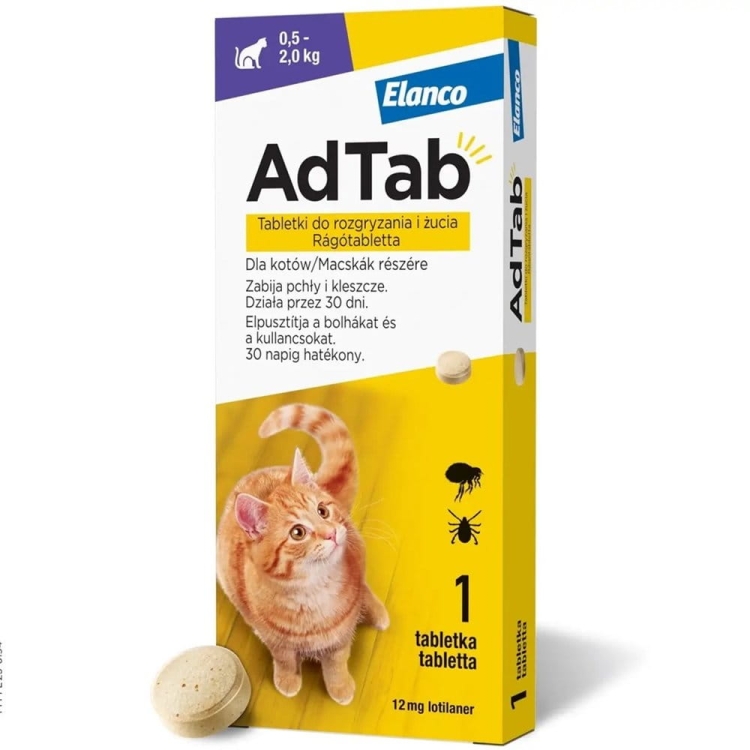Adtab 12mg Tabletka  Przeciw Kleszczom I Pchłom Dla Kota 0,5 - 2kg
