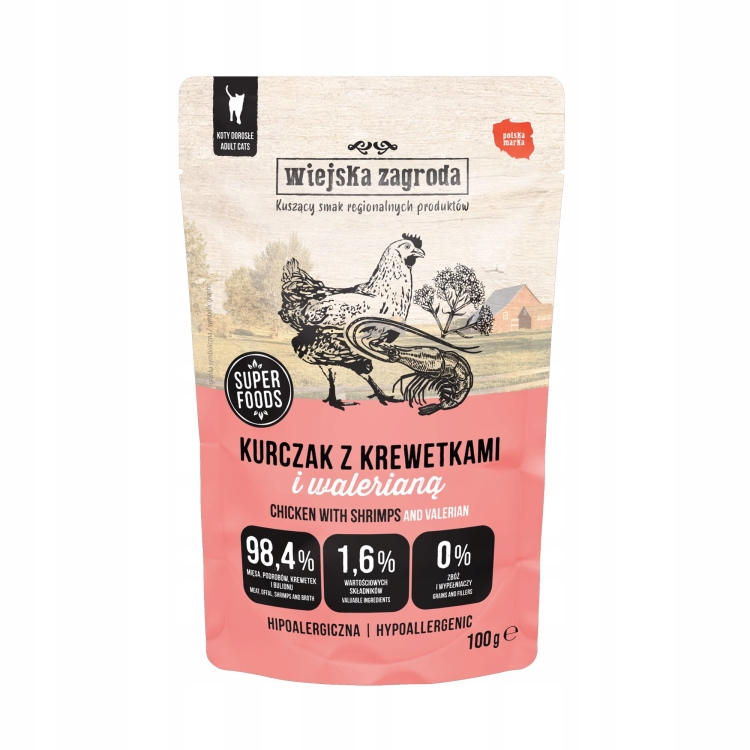 Wiejska Zagroda Dla Kota saszetka Kurczak z Krewetkami i Walerianą 100g