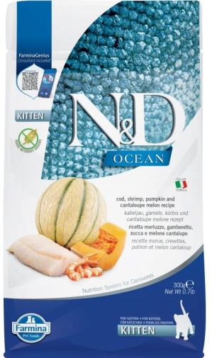 N&D Ocean Cat Kitten Dorsz&Krewetki&Dynia&melon 300g