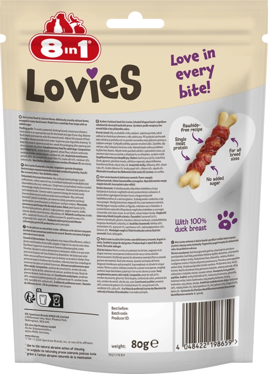 8in1 Lovies Przysmak Dla Psa Kostki Z Wapnem I Kaczką 80g